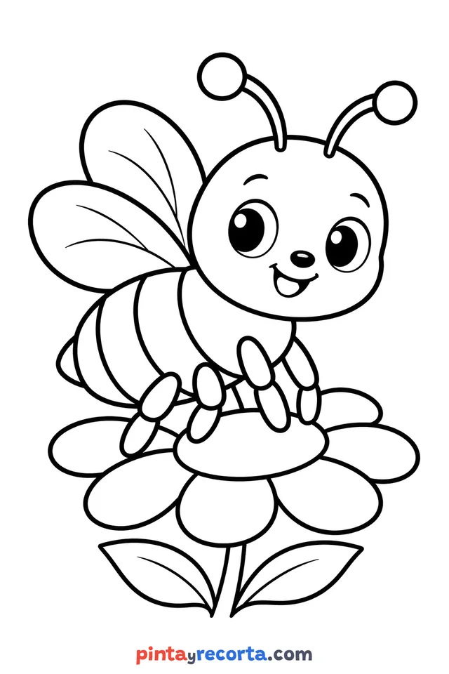 Dibujo de abeja para colorear de cuerpo completo en pose tranquila, nivel básico con trazos gruesos y áreas grandes