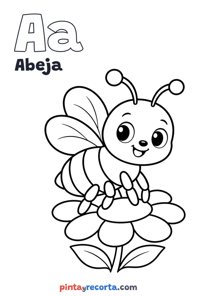 Dibujo de abeja para colorear con la letra Aa y la palabra Abeja, nivel básico