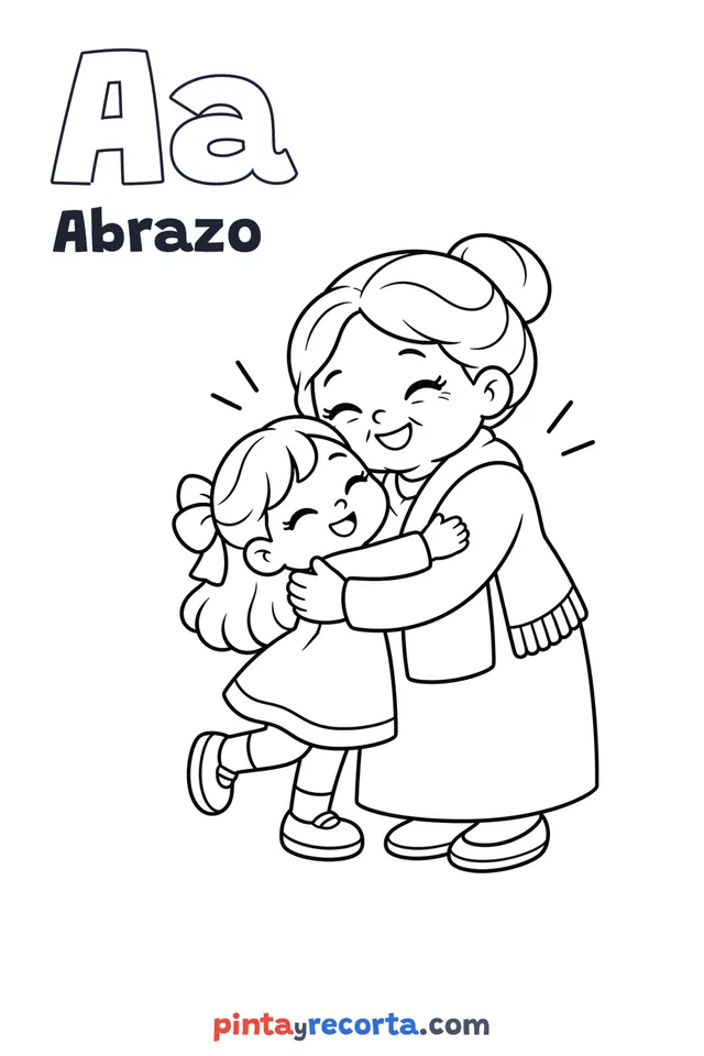 Dibujo de abrazo para colorear con la letra Aa y la palabra Abrazo, nivel básico