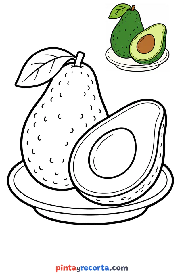 Dibujo de aguacate para colorear con una guía de color en miniatura, nivel básico