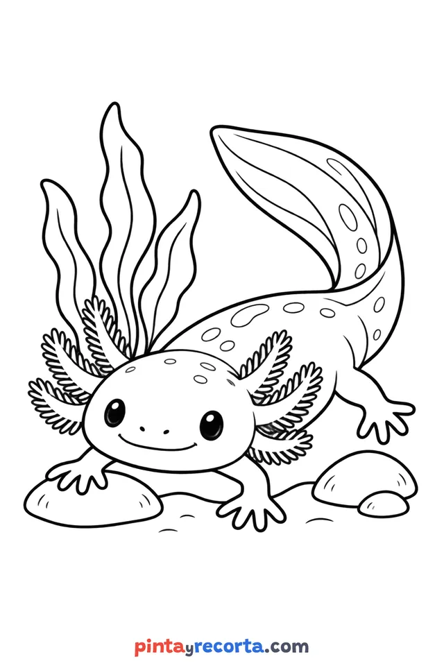 Dibujo de ajolote para colorear de cuerpo completo en pose tranquila, nivel básico con trazos gruesos y áreas grandes