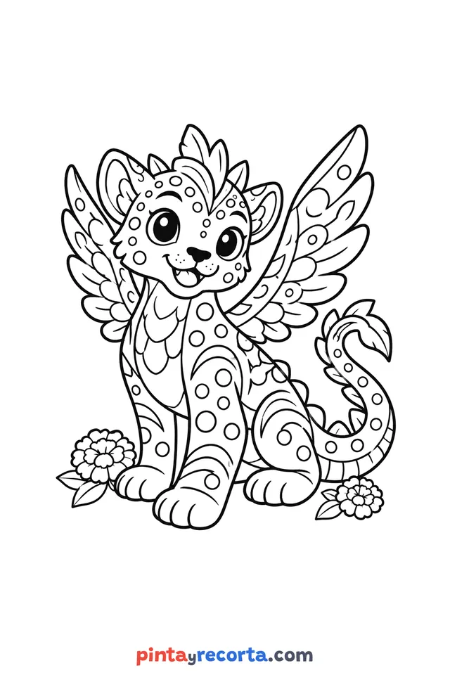 Dibujo de alebrije de Día de Muertos para colorear, nivel básico con trazos gruesos y áreas grandes