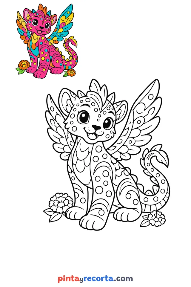 Dibujo de alebrije para colorear con una guía de color en miniatura, nivel básico