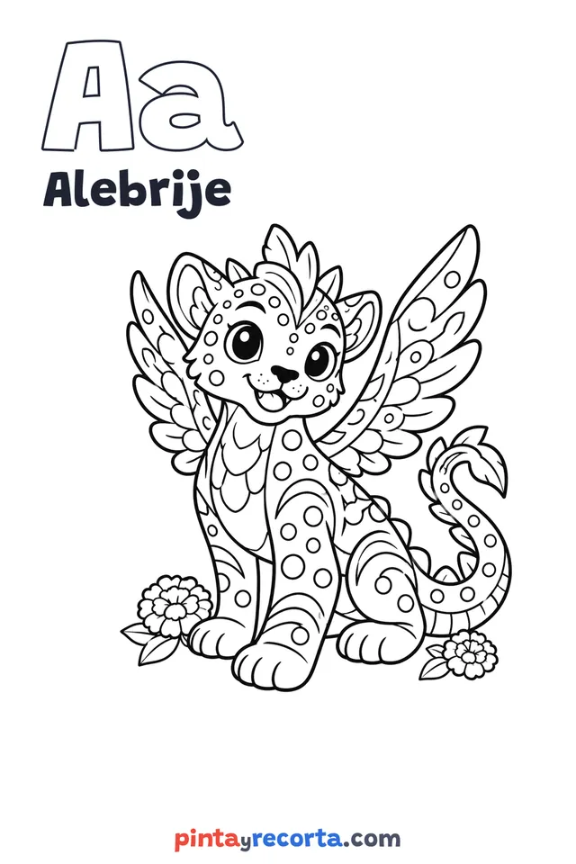 Dibujo de alebrije para colorear con la letra Aa y la palabra Alebrije, nivel básico