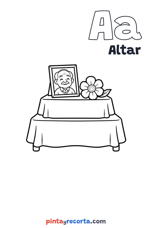 Dibujo de altar para colorear con la letra Aa y la palabra Altar, nivel básico