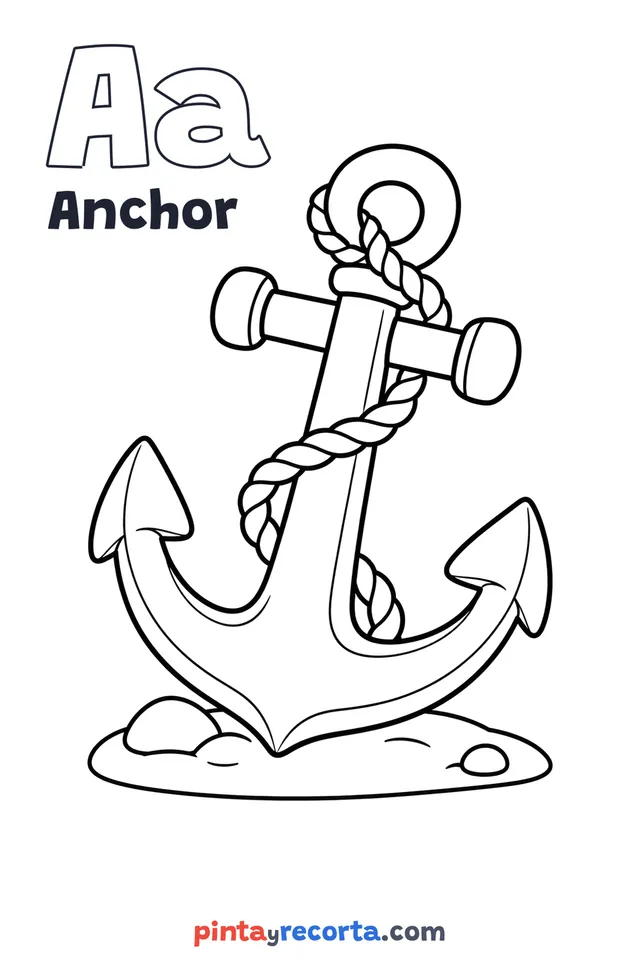 Anchor coloring page with the letter Aa and the word Anchor, easy level