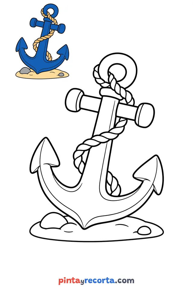 Dibujo de ancla para colorear con una guía de color en miniatura, nivel básico