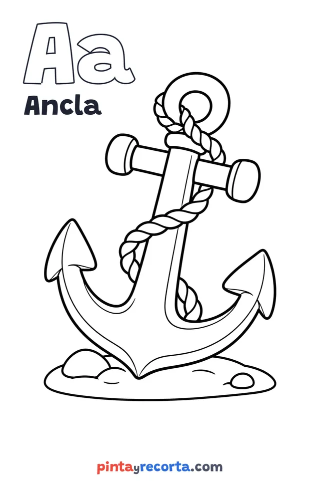 Dibujo de ancla para colorear con la letra Aa y la palabra Ancla, nivel básico