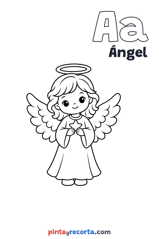 Dibujo de ángel para colorear con la letra Aa y la palabra Ángel, nivel básico