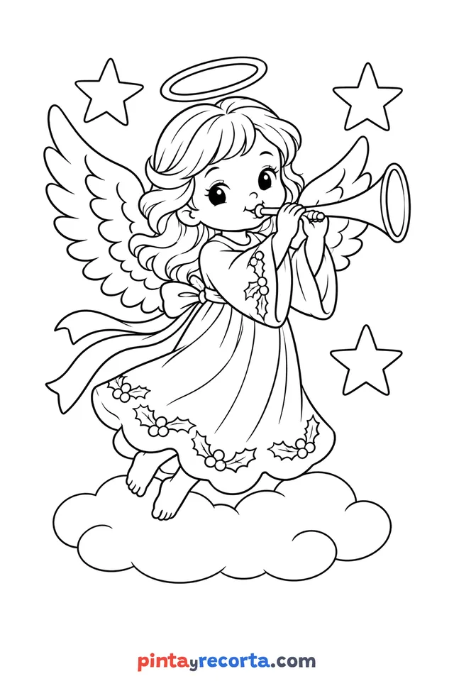 Dibujo de ángel de Navidad para colorear, nivel intermedio con detalle moderado