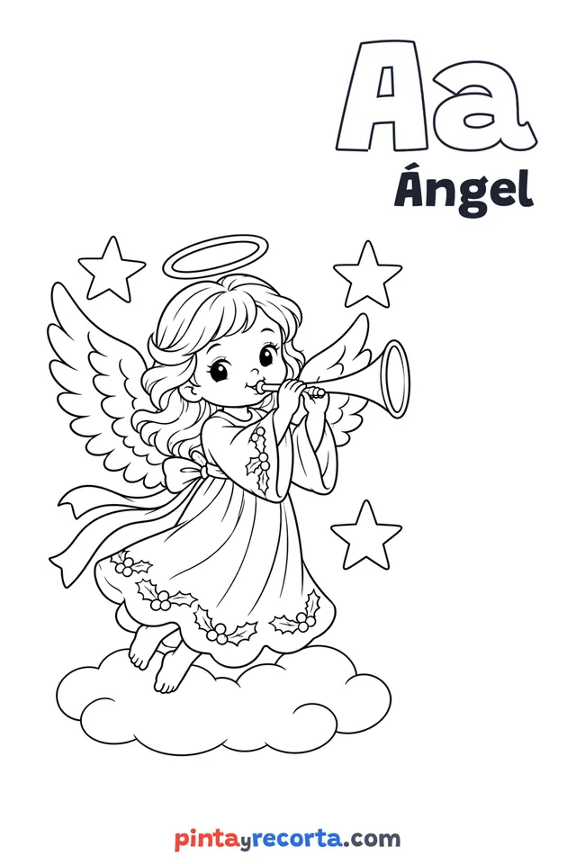 Dibujo de ángel para colorear con la letra Aa y la palabra Ángel, nivel intermedio