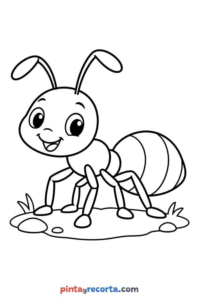 Ant coloring page: full body in a calm pose, easy level with thick outlines and big spaces