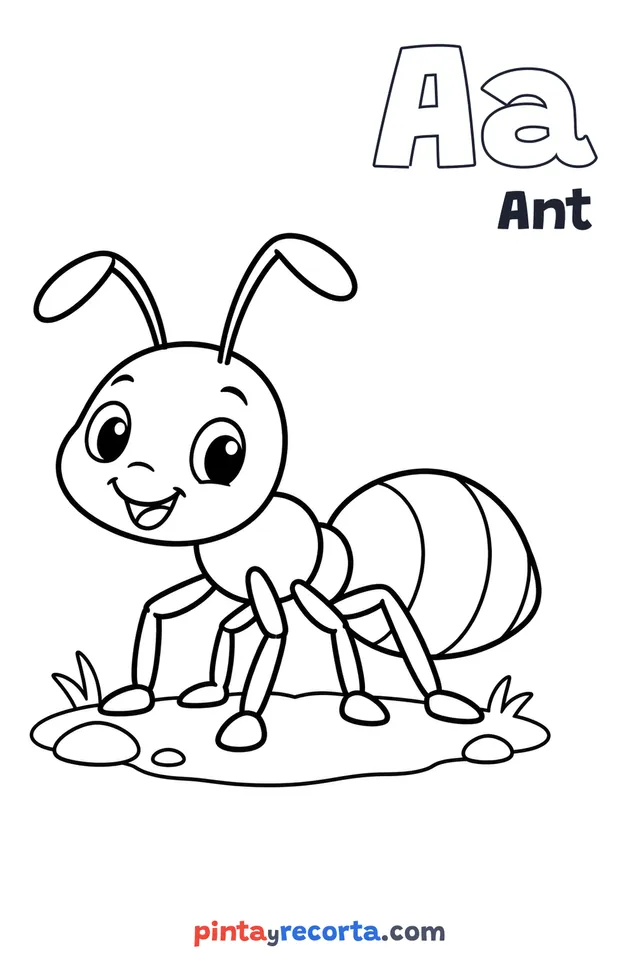 Ant coloring page with the letter Aa and the word Ant, easy level