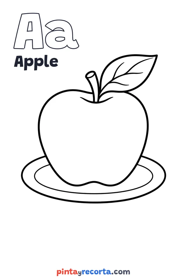 Apple coloring page with the letter Aa and the word Apple, easy level