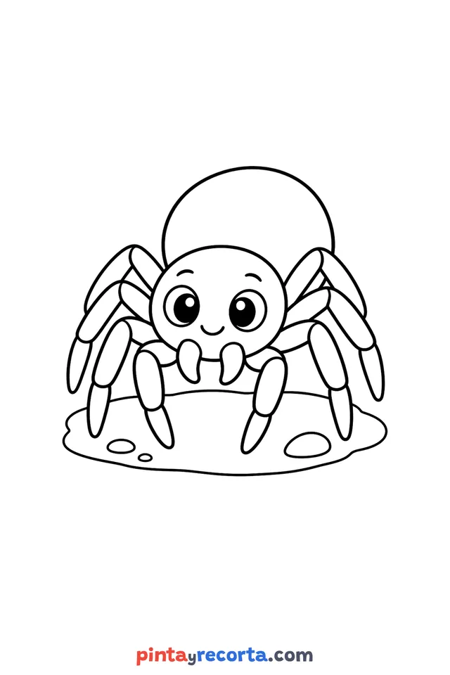 Dibujo de araña para colorear: una araña sonriente de ojos grandes con ocho patas, parada sobre una piedra plana, nivel básico con trazos gruesos y áreas grandes