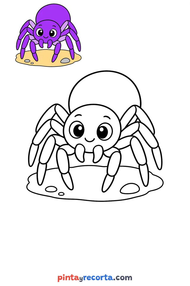 Dibujo de araña para colorear con una guía de color en miniatura, nivel básico