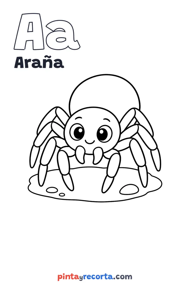 Dibujo de araña para colorear con la letra Aa y la palabra Araña, nivel básico
