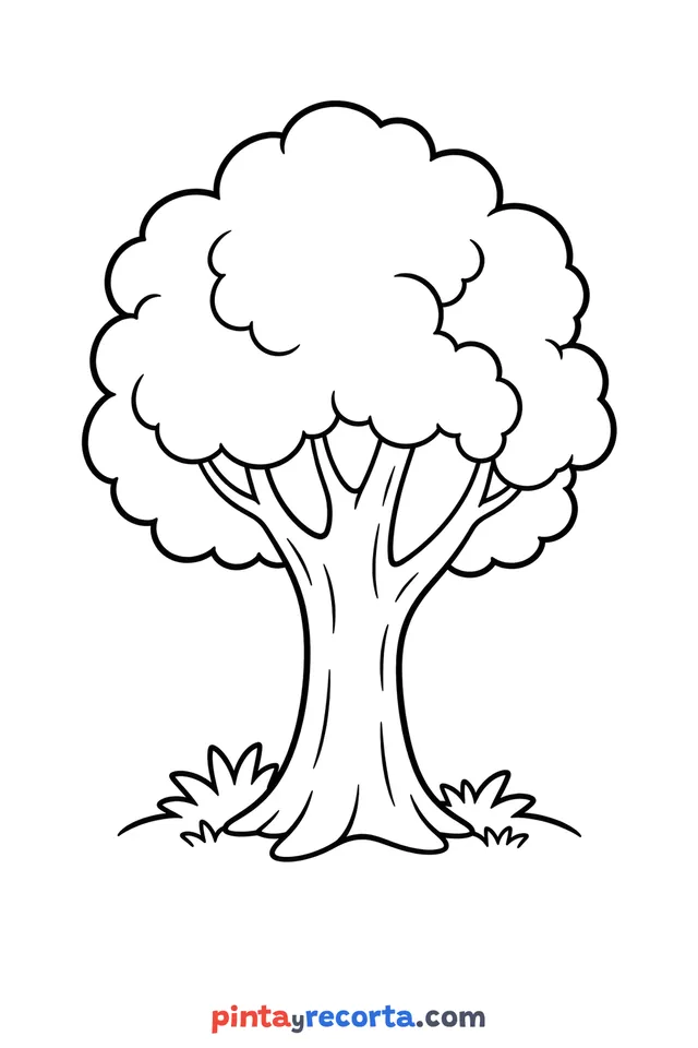 Dibujo de árbol para colorear como protagonista de la hoja, nivel básico con trazos gruesos y áreas grandes