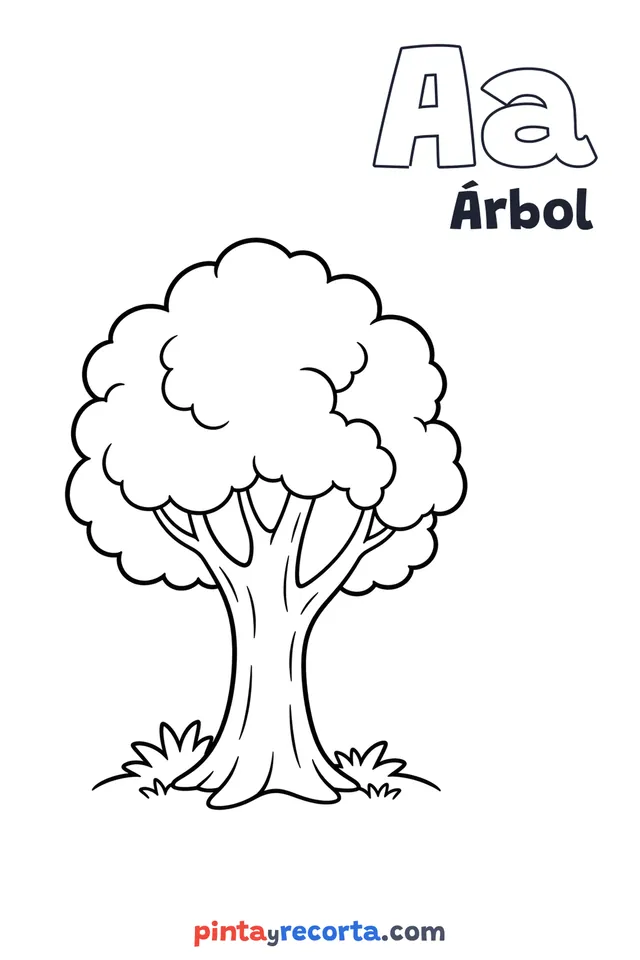 Dibujo de árbol para colorear con la letra Aa y la palabra Árbol, nivel básico