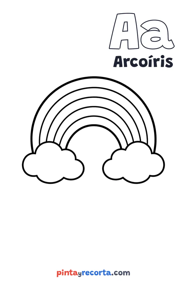 Dibujo de arcoíris para colorear con la letra Aa y la palabra Arcoíris, nivel básico