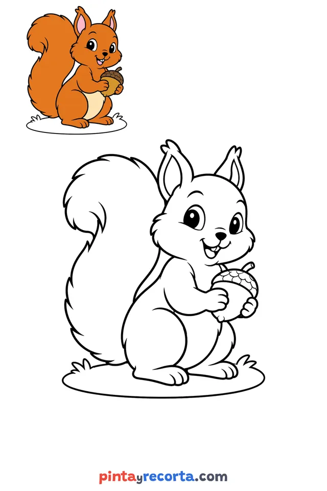 Dibujo de ardilla para colorear con una guía de color en miniatura, nivel básico