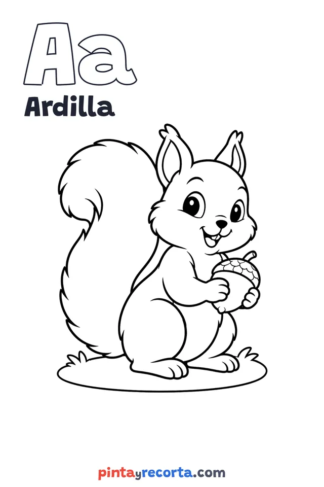 Dibujo de ardilla para colorear con la letra Aa y la palabra Ardilla, nivel básico