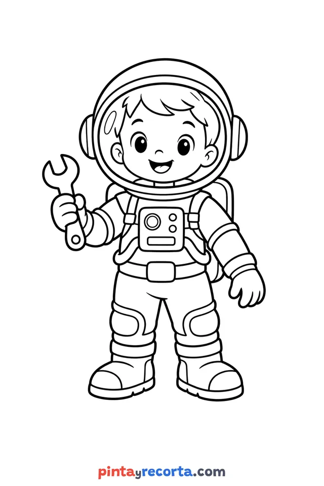 Dibujo de astronauta para colorear de cuerpo completo con sus herramientas, nivel básico con trazos gruesos y áreas grandes