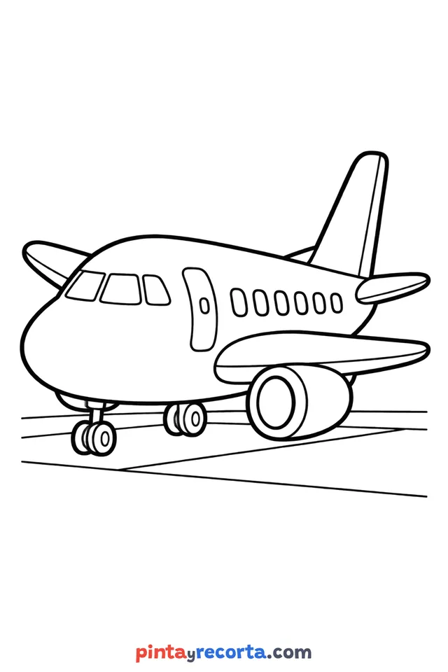 Dibujo de avión para colorear en reposo, nivel básico con trazos gruesos y áreas grandes