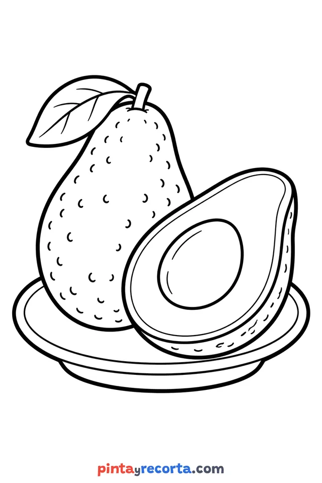 Avocado coloring page: avocado on a plate, easy level with thick outlines and big spaces