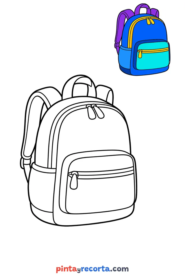 Backpack coloring page with a small color guide, easy level