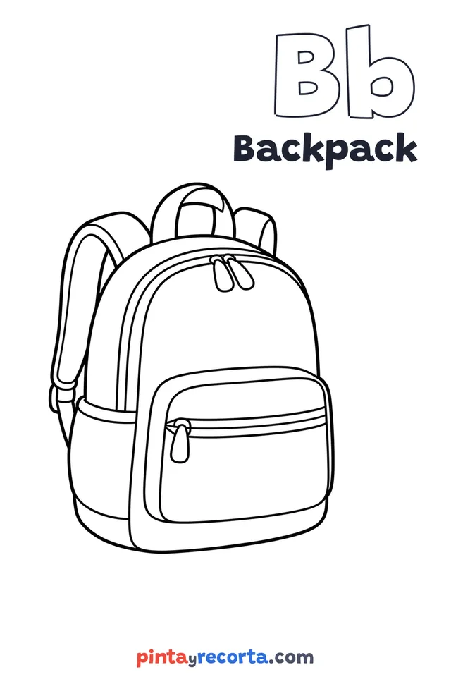 Backpack coloring page with the letter Bb and the word Backpack, easy level