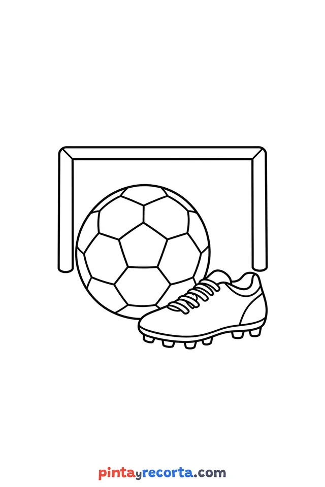 Ball coloring page: soccer ball next to a goal and a soccer shoe, easy level with thick outlines and big spaces