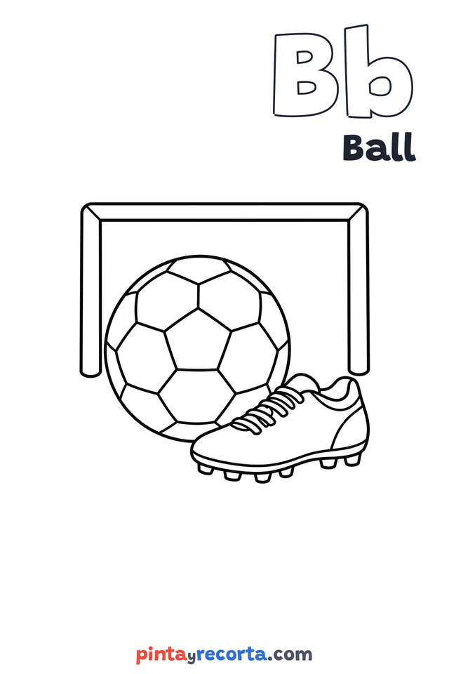 Ball coloring page with the letter Bb and the word Ball, easy level
