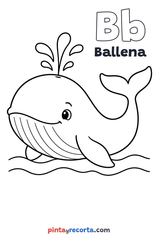 Dibujo de ballena para colorear con la letra Bb y la palabra Ballena, nivel básico