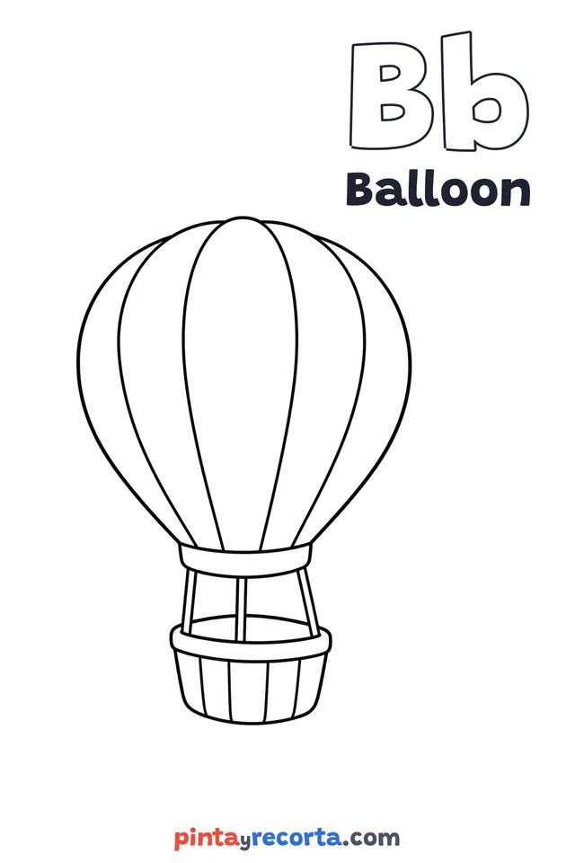 Balloon coloring page with the letter Bb and the word Balloon, easy level