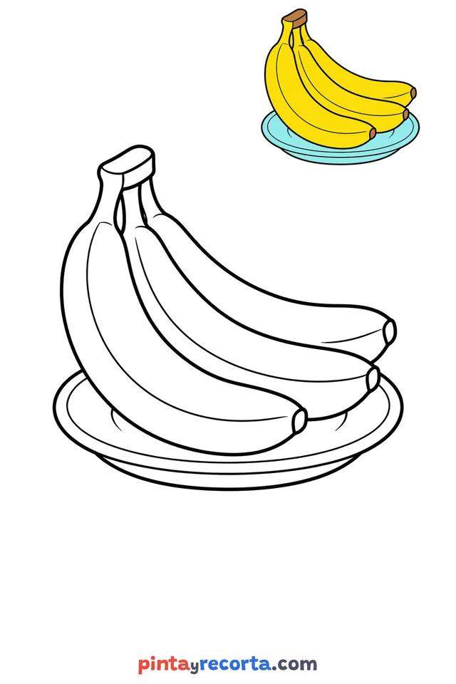 Banana coloring page with a small color guide, easy level
