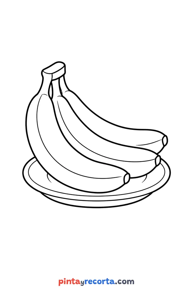 Dibujo de banana para colorear sobre un plato, nivel básico con trazos gruesos y áreas grandes