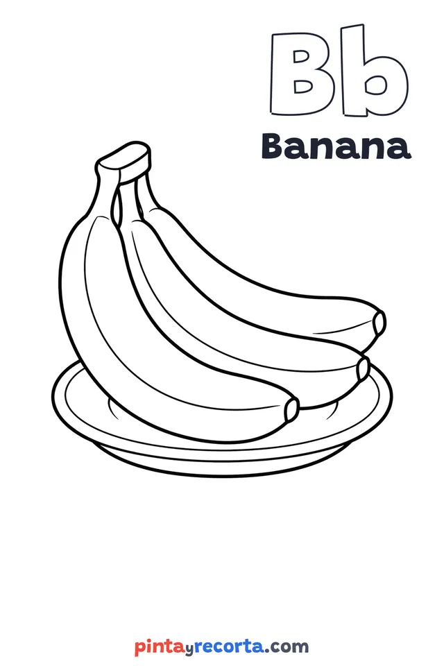 Dibujo de banana para colorear con la letra Bb y la palabra Banana, nivel básico
