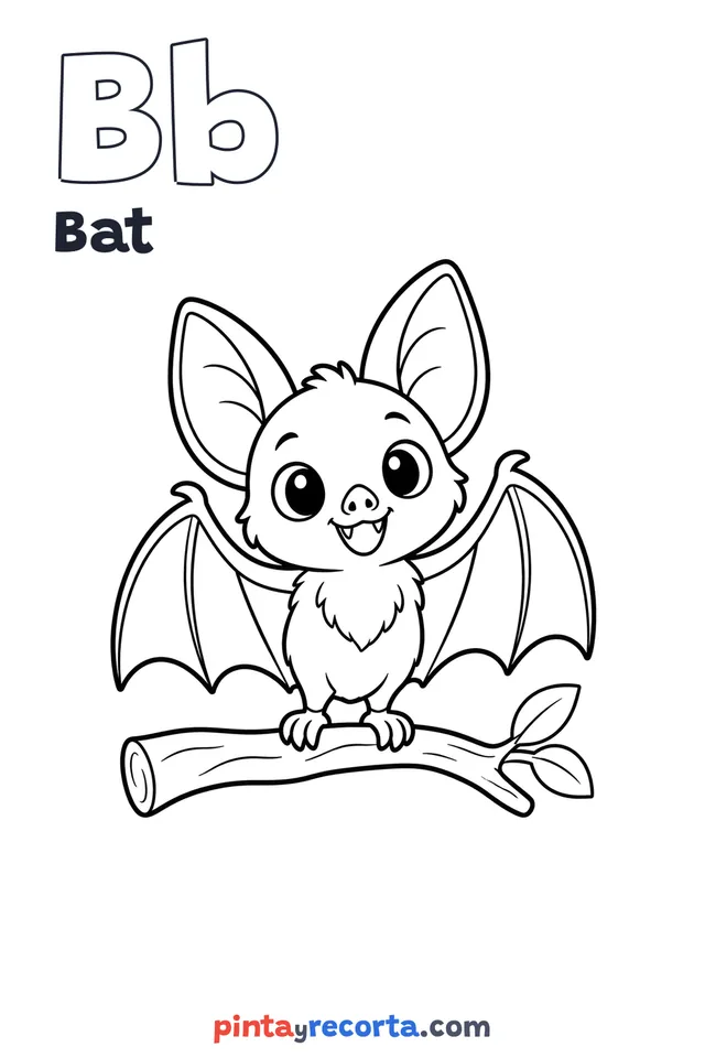 Bat coloring page with the letter Bb and the word Bat, easy level