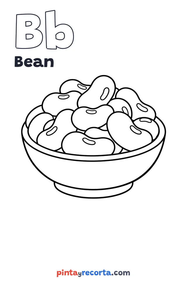 Bean coloring page with the letter Bb and the word Bean, easy level