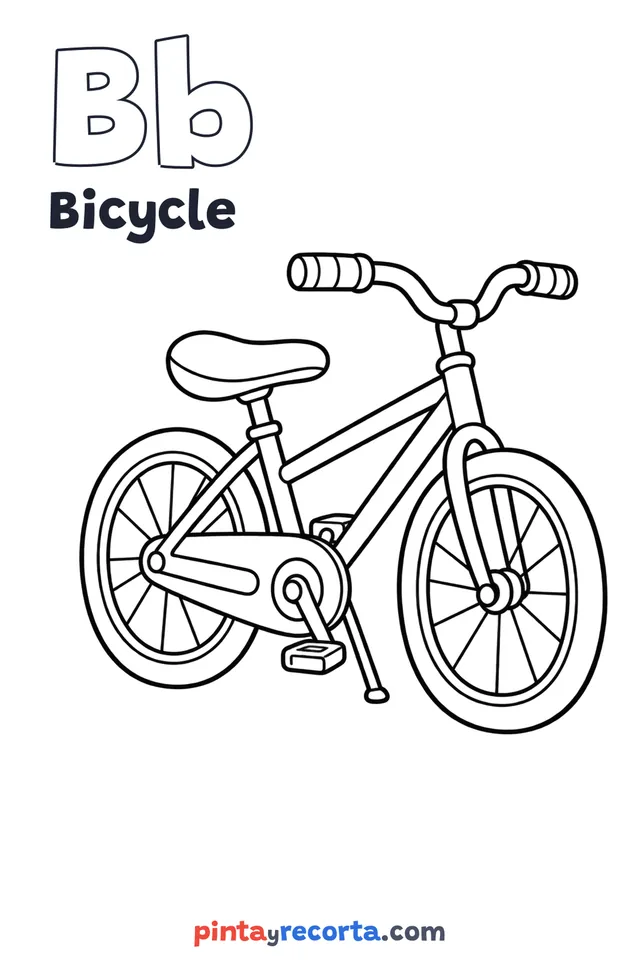 Bicycle coloring page with the letter Bb and the word Bicycle, easy level