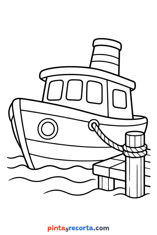 Boat coloring page: parked and ready to color, easy level with thick outlines and big spaces