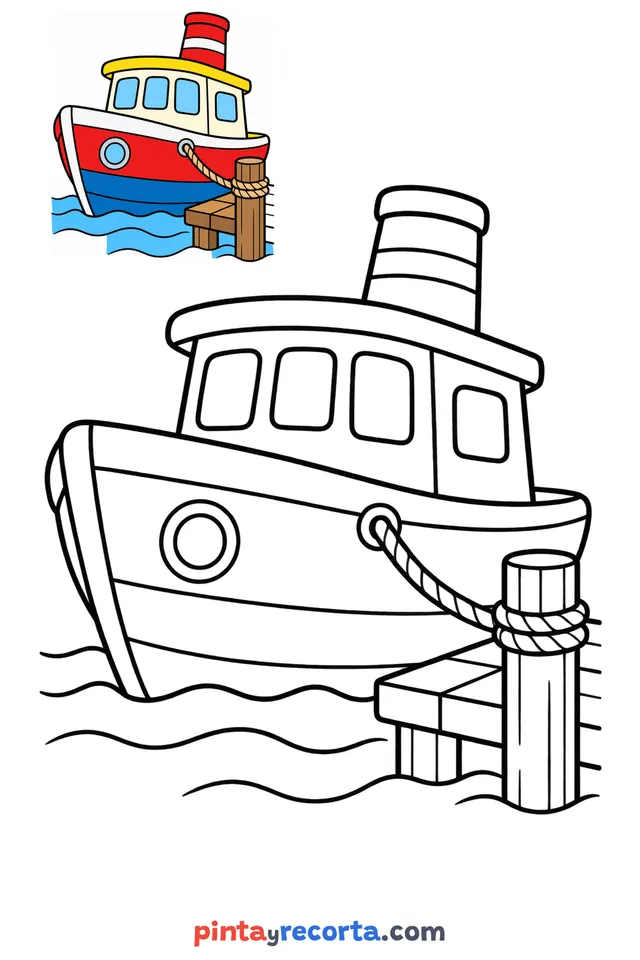 Boat coloring page with a small color guide, easy level