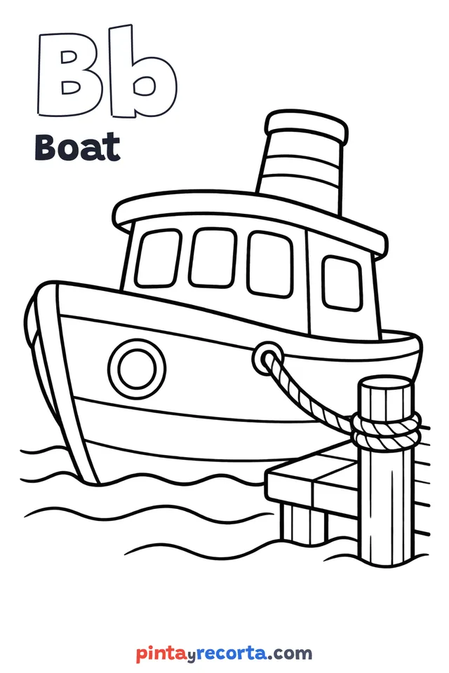 Boat coloring page with the letter Bb and the word Boat, easy level