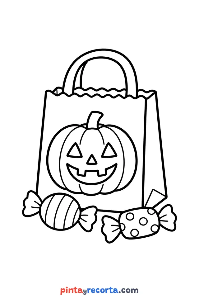 Dibujo de bolsa de dulces de Halloween para colorear, nivel básico con trazos gruesos y áreas grandes