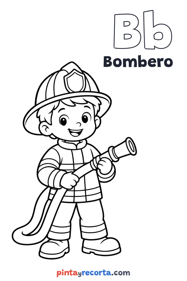 Dibujo de bombero para colorear con la letra Bb y la palabra Bombero, nivel básico