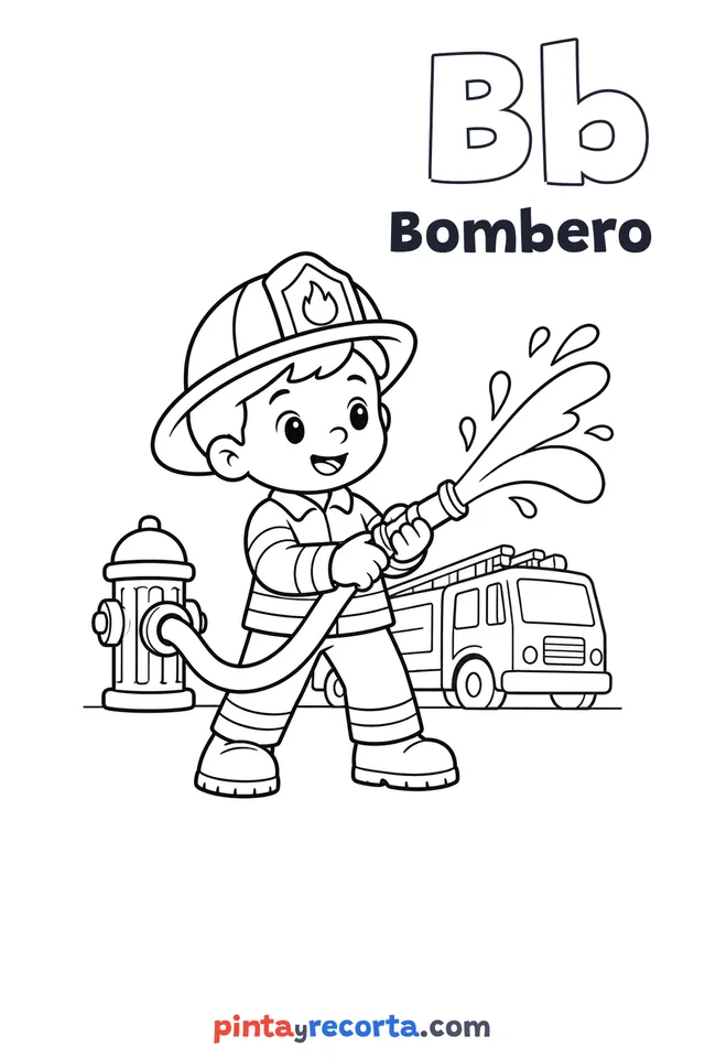 Dibujo de bombero para colorear con la letra Bb y la palabra Bombero, nivel básico