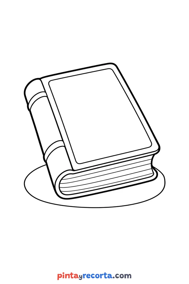 Book coloring page: closed, showing its spine and pages, easy level with thick outlines and big spaces
