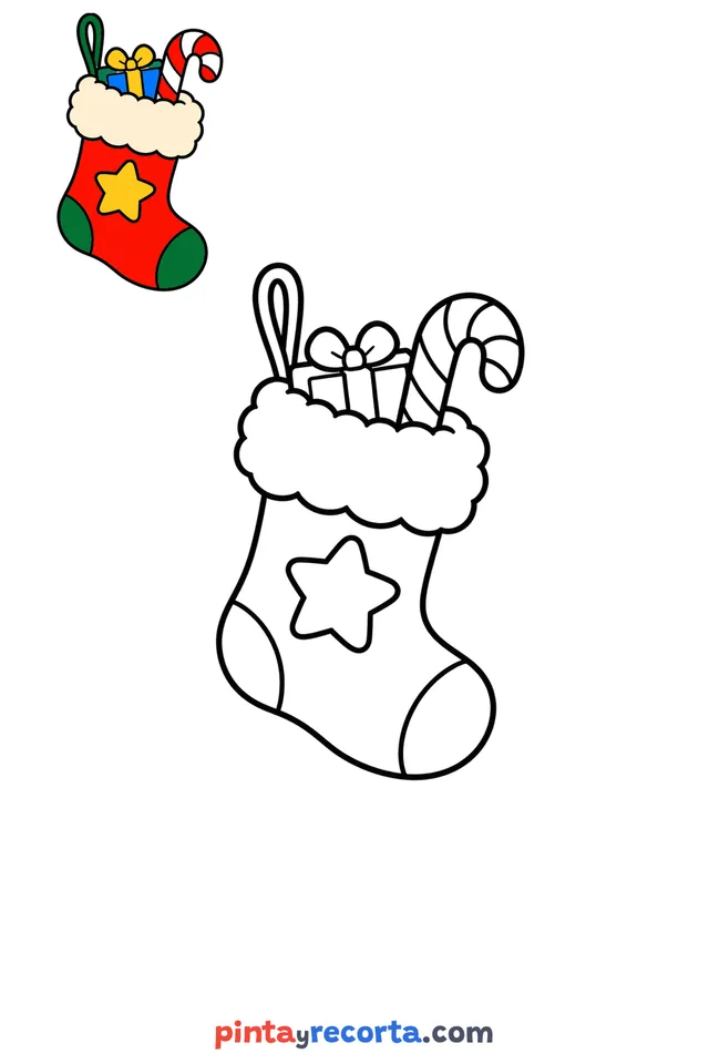 Dibujo de bota navideña para colorear con una guía de color en miniatura, nivel básico