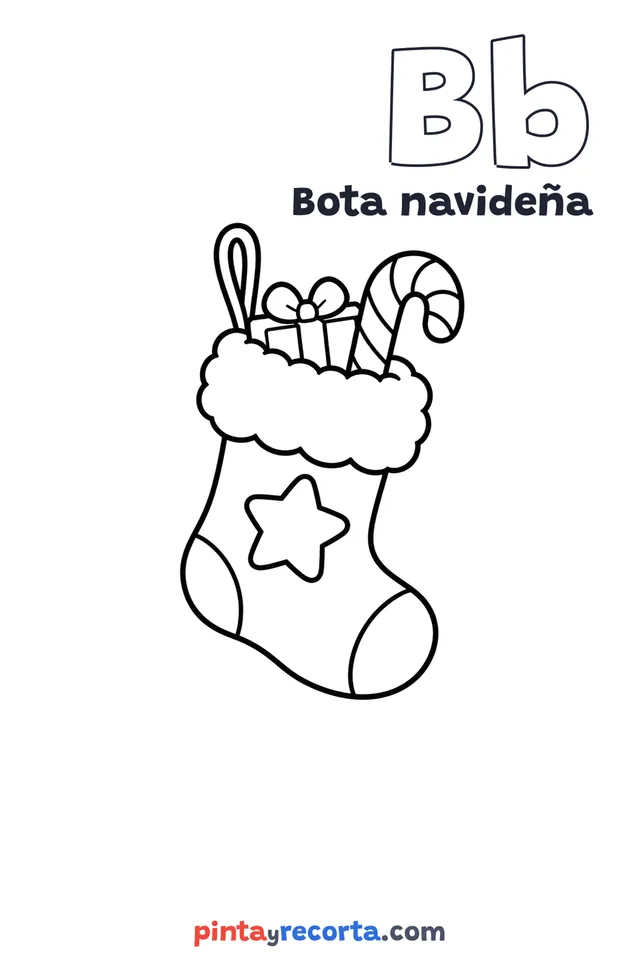 Dibujo de bota navideña para colorear con la letra Bb y la palabra Bota navideña, nivel básico